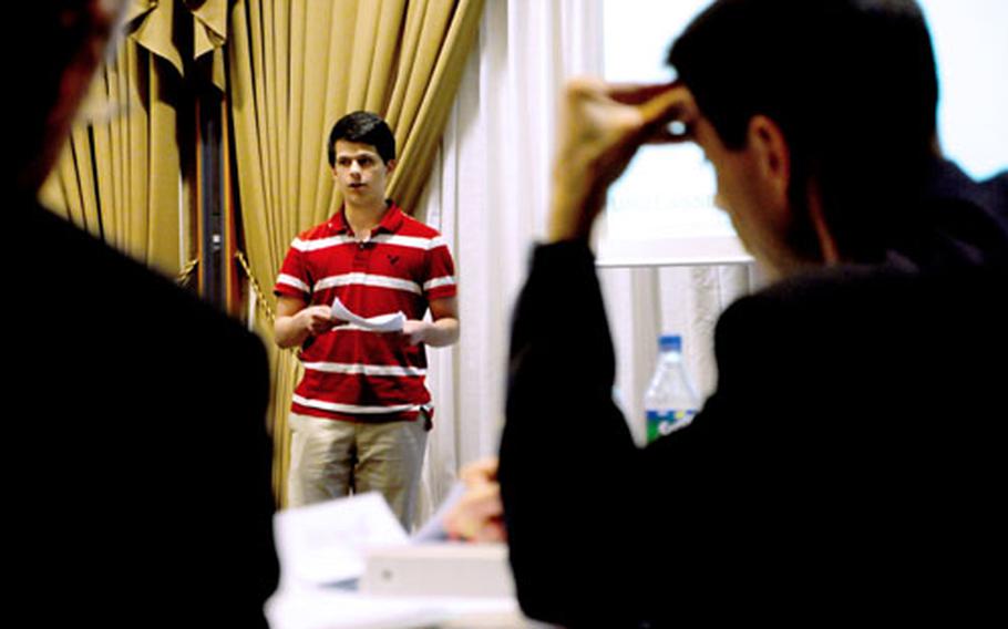 Sean Conderman, an 18-year-old Department of Defense dependent living in Heidelberg, presents the top issues from the teen focus group during the U.S. European Command's Quality of Life Conference on Thursday in Garmisch.
