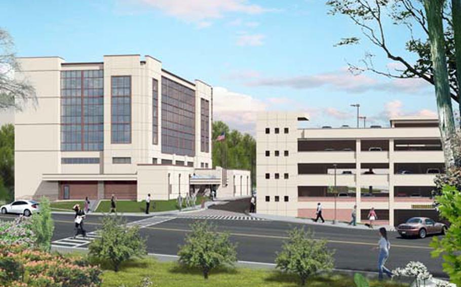 An artist’s rendering shows the building to be constructed as headquarters for the Army’s 35th Air Defense Artillery Brigade at Osan Air Base, South Korea. The project also calls for a five-level parking garage. The garage is slated for completion by September 2011, the headquarters by May 2012.