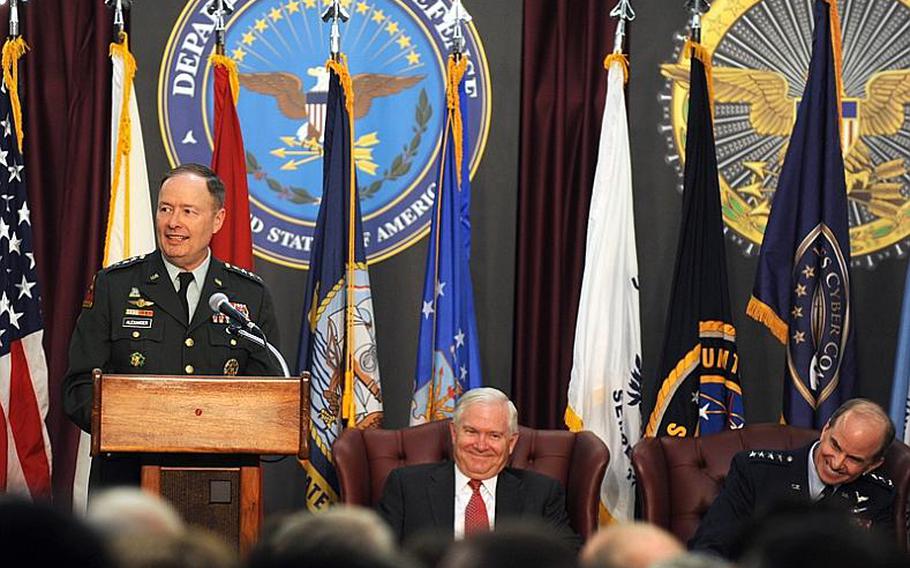 U.S. Army Gen. Keith Alexander, commander of U.S. Cyber Command, speaks on May 21 during the command?s activation ceremony at Fort Meade, Md.