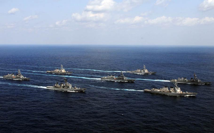 Ships from Destroyer Squadron 15 and the Japan Maritime Self-Defense Force cruise in formation in the Pacific Ocean during an exercise in April. Ships participating in the exercise included the U.S. Navy guided-missile destroyers USS Fitzgerald, USS McCampbell, and USS Stethem, and the Japanese destroyers JDS Akebono, JDS Shimakaze and JDS Suzunami.