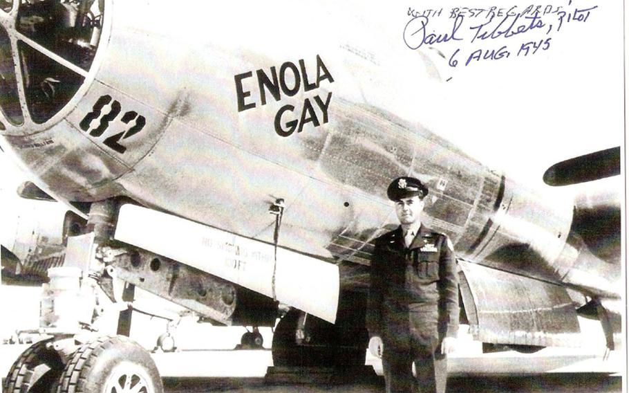 A signed photo of Brig. Gen. Paul Tibbets and the Enola Gay, the plane he piloted during the atomic bombing of Hiroshima.