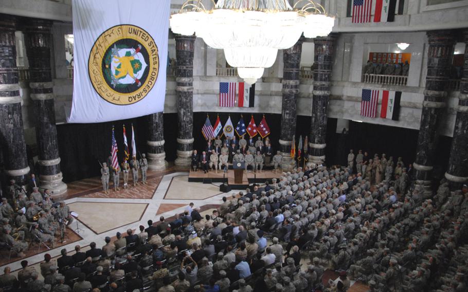 Gen. Lloyd Austin took command of U.S. troops in Iraq on Wednesday in a ceremony at al-Faw palace. Austin will lead Operation New Dawn, the Iraq mission's new name.
