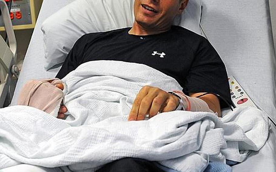 Sgt. Chris Champion, 25, hospitalized at Landstuhl Regional Medical Center, talks about the day a mine blew off his lower left leg in Afghanistan's Arghandab Valley. Champion, a soldier with the 4th Infantry Division's 1st Brigade Combat Team also suffered wounds to his right leg and hand.