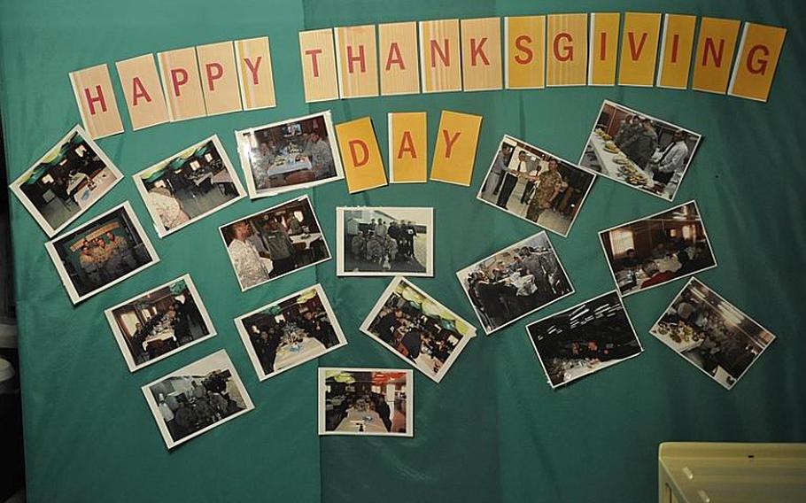 The Thanksgiving chow was provided by the HEB contracting company, and workers decorated the chow hall.