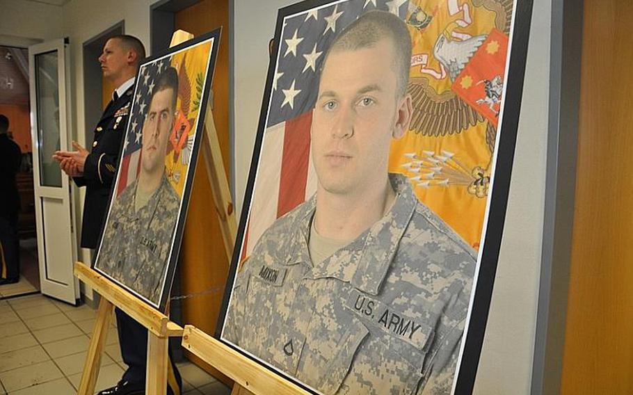 Spc. Kelly J. Mixon, 23, of Yulee, Fla., pictured right, and Sgt. James A. Ayube II, 25, of Salem, Mass., were honored in a memorial ceremony Thursday in Vilseck. The soldiers died Dec. 8 in Afghanistan from wounds sustained when an insurgent attacked their unit with a bomb, according to a DOD news release.