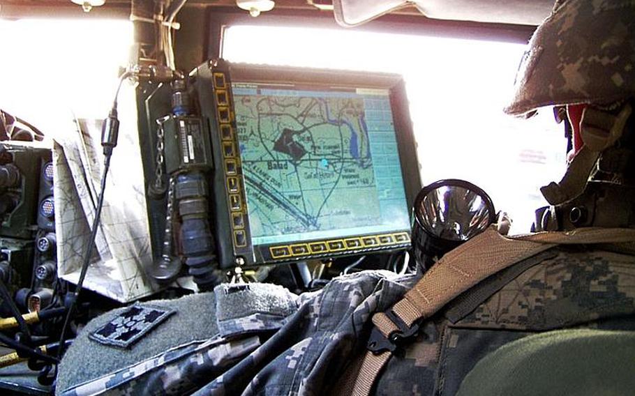 The Force XXI Battle Command Brigade-and-Below tracking system is mounted inside a Humvee in this April, 2008 photo. The tracking system is undergoing upgrades on its satellite network and software. The system allows commanders and troops to track friendly and hostile forces on the ground.