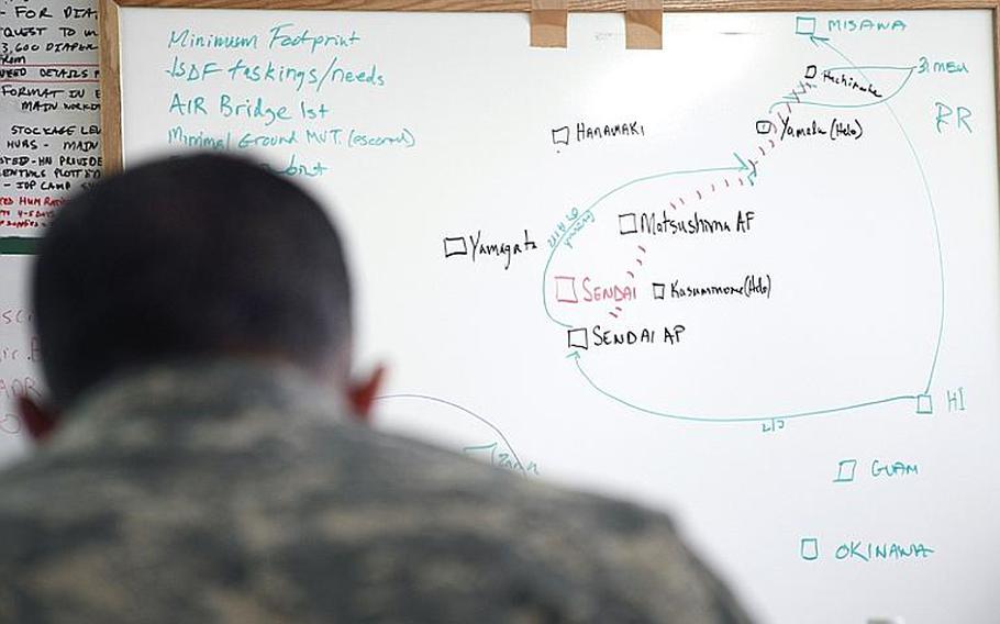 A logistics team comprised of Army personnel from Camp Zama and Marines from the 3rd Marine Expeditionary Force on Okinawa are at Camp Sendai, Japan assisting with the coordination of disaster relief efforts. Their main objective is to contribute as much as possible without getting in the way, officials said.