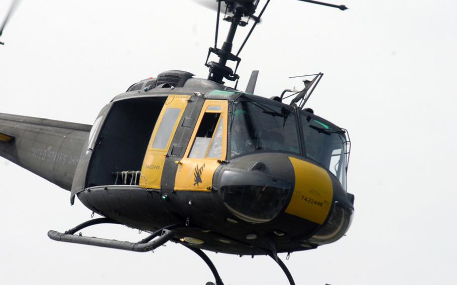 A UH-1 "Huey" helicopter circles during Joint Terminal Attack Controller training at Hohenfels, Germany's Joint Multinational Readiness Center in 2009. The "Huey" was retired from U.S. Army Europe service in a Wednesday ceremony at Hohenfels.