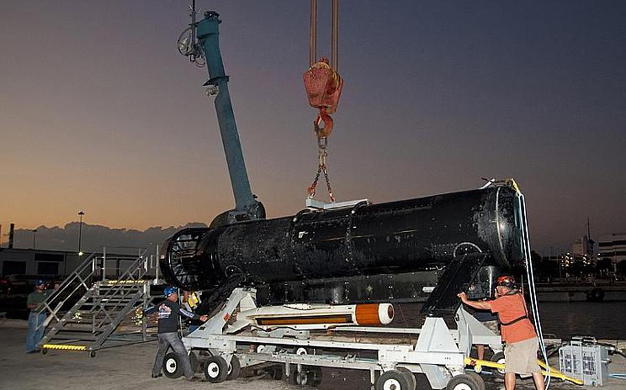 Engineers from Naval Surface Warfare Center Panama City recover the Remote Multi-Mission Vehicle, part of the littoral combat ship mine countermeasures mission package, after at-sea tests. The mine countermeasures mission package provides LCS platforms the capability to detect, identify and neutralize sea mines. 