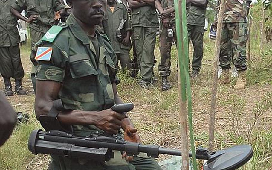 While much of the focus at Camp Base in Kisangani is on infantry skill instruction, U.S. Africa Command also has provided de-mining training to soldiers. U.S. troops have trained a team of Congolese who are expected to serve as in-resident trainers, capable of providing explosive ordnance disposal training to troops passing through the camp.