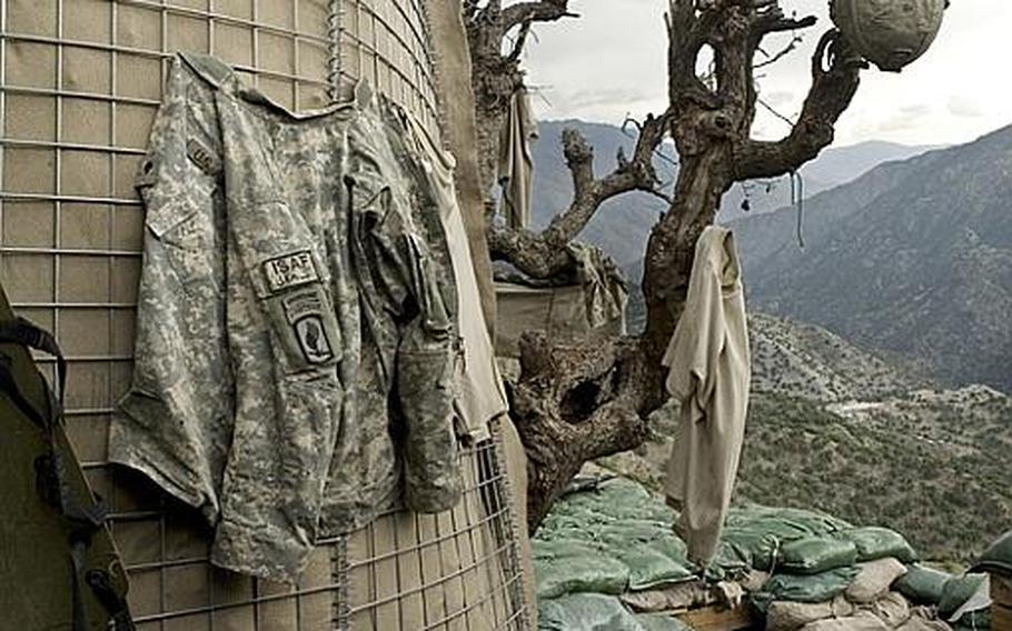 Outpost Restrepo, focus of the documentary "Restrepo" by Tim Hetherington and Sebastian Junger in the Korengal Valley, Afghanistan, Kunar province in 2008. 