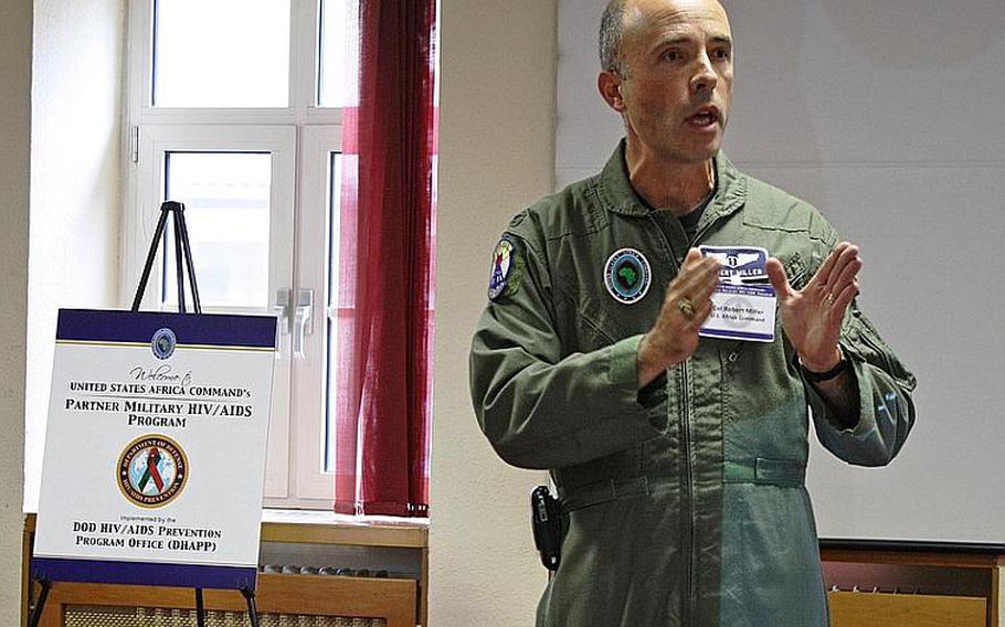 Col. Robert Miller, command surgeon for U.S. Africa Command, discusses how health programs such as anti-HIV initiatives can help promote regional stability in Africa. AFRICOM began a five-day conference at its Stuttgart, Germany headquarters on Monday that brought in Defense Department HIV/AIDS prevention program managers and workers from 31 African countries.