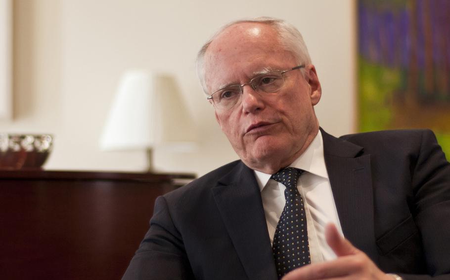 Then-U.S. ambassador to Iraq James Jeffrey speaks at the U.S. Embassy in Baghdad on Aug. 21, 2011. Jeffrey, now the U.S Special Representative for Syria Engagement, visited the Syrian town of Manbij ahead of potential patrols by American and Turkish forces.
