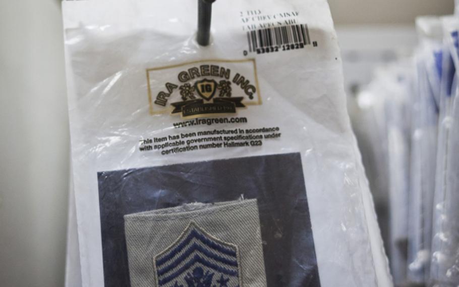 More than 20 cold weather GORE-TEX jacket patches for the Chief Master Sergeant of the Air Force are for sale at a Post Exchange at Victory Base Complex outside Baghdad, Iraq. Because you never know.