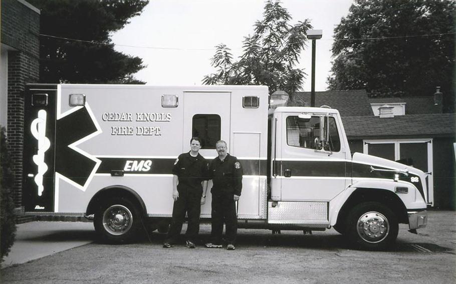 46p bs
Photo1
Courtesy of Kyle Staples
Kyle Staples and his father pose beside one of the trucks from their Hanover, N.J., fire department. Staples? father was among those who responded to emergency calls from the World Trade Center on Sept. 11, 2011. His family didn?t know he was safe until the next day.
