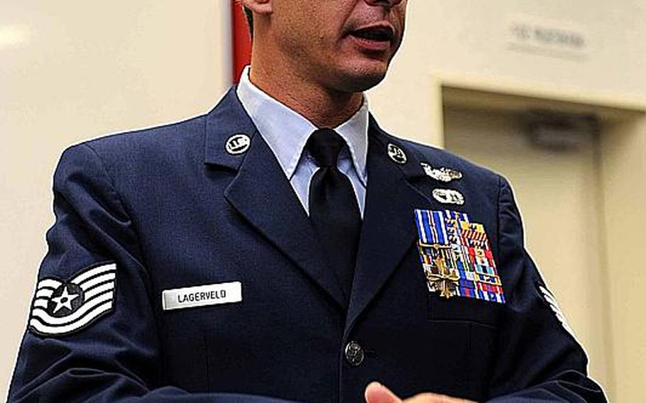 Tech. Sgt. Scott Lagerveld wears the Distinguished Flying Cross medal with V device during a ceremony at Kadena Air Base on Monday.