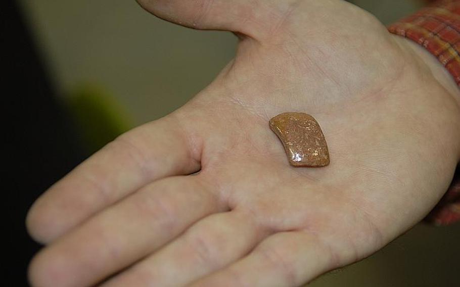 Found among nearly nine pounds of dirt by students in Tom Oliver's science classes at Bitburg Middle School, Germany, was this item that, upon first examination, looked like a piece of pottery. But researchers in New York who are overseeing the Mastodon Matrix Project said the piece could be an ammonite fossil, possibly making it more than 3 million years old.