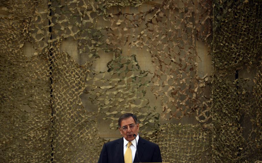 Secretary of Defense Leon Panetta speaks at the End of Mission ceremony at Baghdad Diplomatic Support Center, formerly Sather Air Base, Baghdad International Airport.