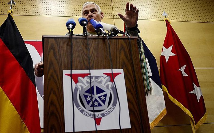 Lt. Gen. James L. Terry answers questions at a press conference Tuesday before assuming command of V Corps during a ceremony at Wiesbaden Army Air Field, Germany.