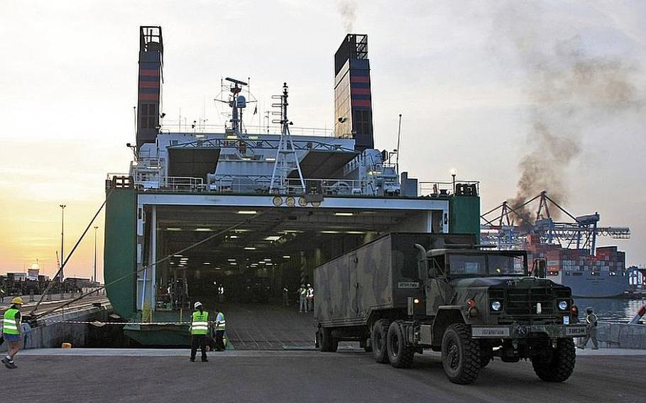 U.S. Army Europe troops offload missile launchers and other equipment at Israel's Port of Ashdod in advance of a missile defense exercise with Israel in 2009.