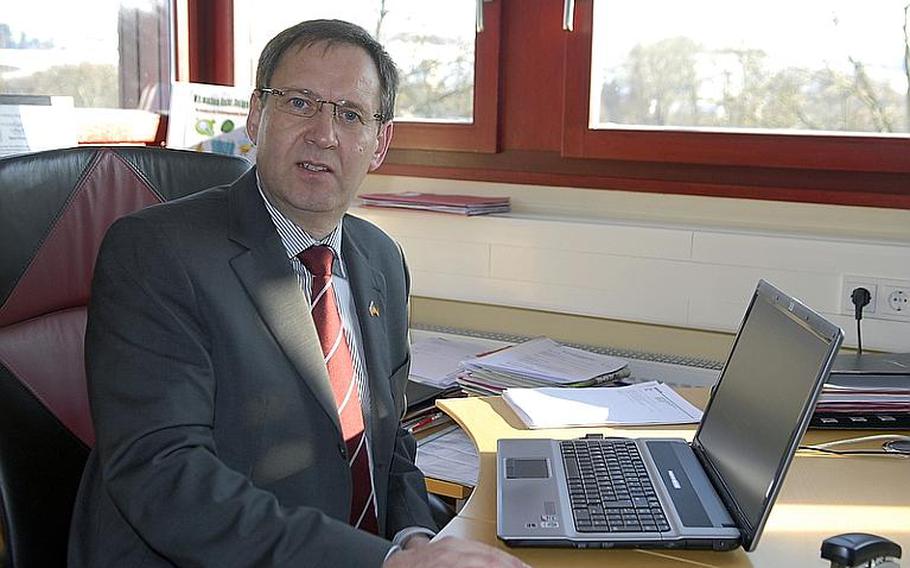 Baumholder Mayor Peter Lang in his office in Baumholder, Germany. Lang met with Lt. Gen. Mark Hertling, commander of U.S. Army Europe, at Baumholder City Hall on Wednesday to discuss what impact the withdrawal of U.S. troops in Europe might have on Baumholder.