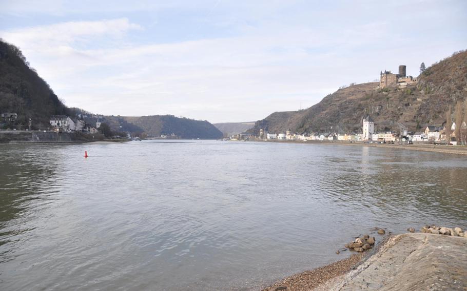 The view of St. Goar, left, and St. Goarshausen, right, from the "Lorelei" statue. Castles and vineyards dominate the landscape in this area of Germany's Rhine River Valley.