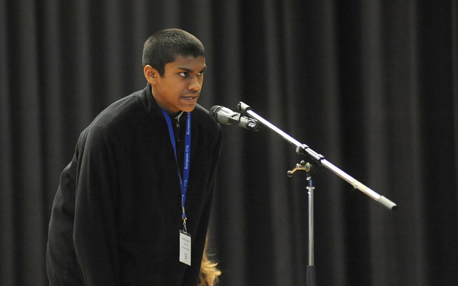 Anuk Dayaprema of Vicenza spells limpet correctly to win the European PTA Spelling Bee for the second year in a row ahead of Kayla Lucas of Naples who was also last year's runner-up.