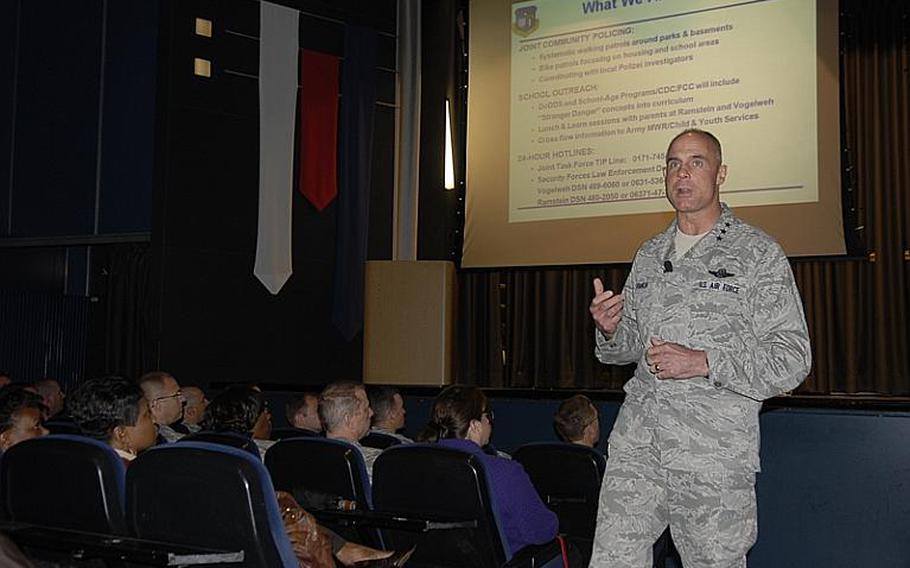 Lt. Gen. Craig Franklin, the commander of the Kaiserslautern Military Community and 3rd Air Force, talks during a town hall meeting at Ramstein Air Base on Wednesday about child safety issues following recent reports of alleged child molestations and an alleged attempted child abduction at military bases in the Kaiserslautern area.
