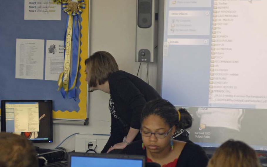 Wiesbaden High School teacher Tracy Wegleitner went paperless in her classrooms after laptops were recently issued to students and teachers at the school as part of a pilot program.