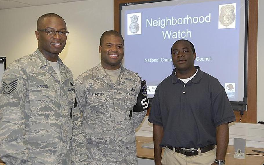 Tech. Sgts. Anthony Harris and Corey Strother of the 569th U.S. Forces Police Squadron, and Martez Blair, an Air Force Office of Special Investigations investigator, were prepared to take Vogelweh and Landstuhl base housing residents through the steps of establishing an on-base Neighborhood Watch program but nobody showed up for the Tuesday night meeting. Two more meetings were planned at Kapaun Air Station and Ramstein Air Base for Wednesday and Thursday evenings. Base residents had requested such a program in the wake of recent reported child molestations on Kaiserslautern-area bases.