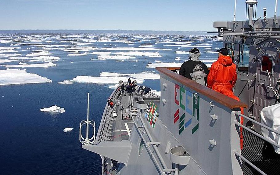 Crewmembers stand watch aboard the guided missile cruiser USS Normandy as the ship navigates an ice field north of Iceland in 2007. Twelve nations gathered this week in Bodo, Norway, to seek ways to cooperate on issues such as communications and search and rescue in the increasingly strategic Arctic region.
Ryan Birkelbach/Courtesy of the U.S. Navy