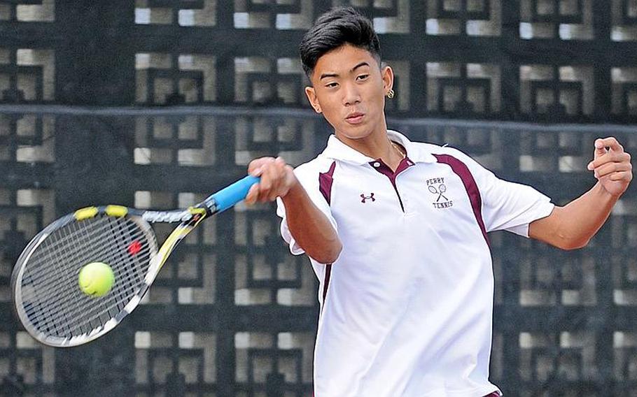 Sam Cadavos of Matthew C. Perry Samurai launches a forehand at Yokota Panthers&#39; Shintaro Clanton during Tuesday&#39;s boys quarterfinal singles match in the Far East High School Tennis Tournament at Risner Tennis Complex, Kadena Air Base, Okinawa. Cadavos won 8-3.