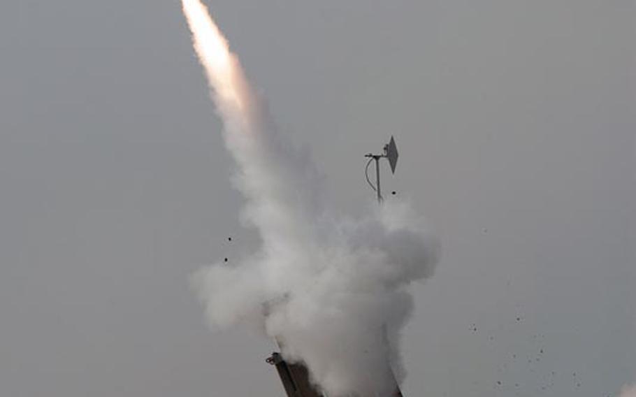 An Iron Dome system in Ashdod, Israel, intercepts a rocket fired from the Gaza Strip, Nov.16, 2012. The Iron Dome system intercepted hundreds of rockets during the November conflict between Israel and Hamas.