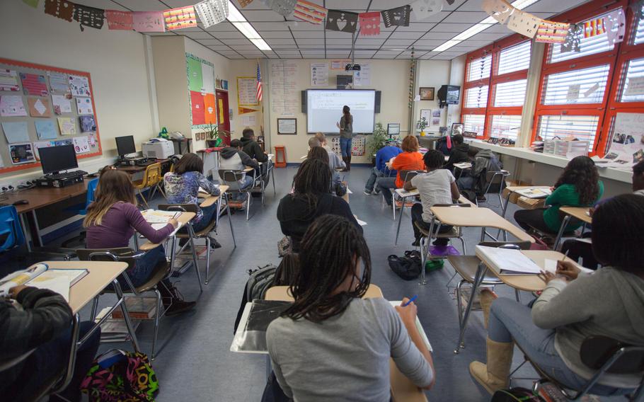 Classrooms, such as this one at Baumholder High School, could soon be empty as the Defense Department school system deals with teacher furlough days.