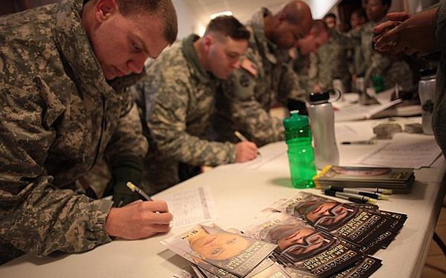 Soldiers at Baumholder sign in for training on the Army's Sexual Harassment/Assault Response and Prevention program. Soldiers across U.S. Army Europe took an operational stand-down day to explore the topic with the aim of preventing sex crimes and ensuring personnel know what help is available for victims.