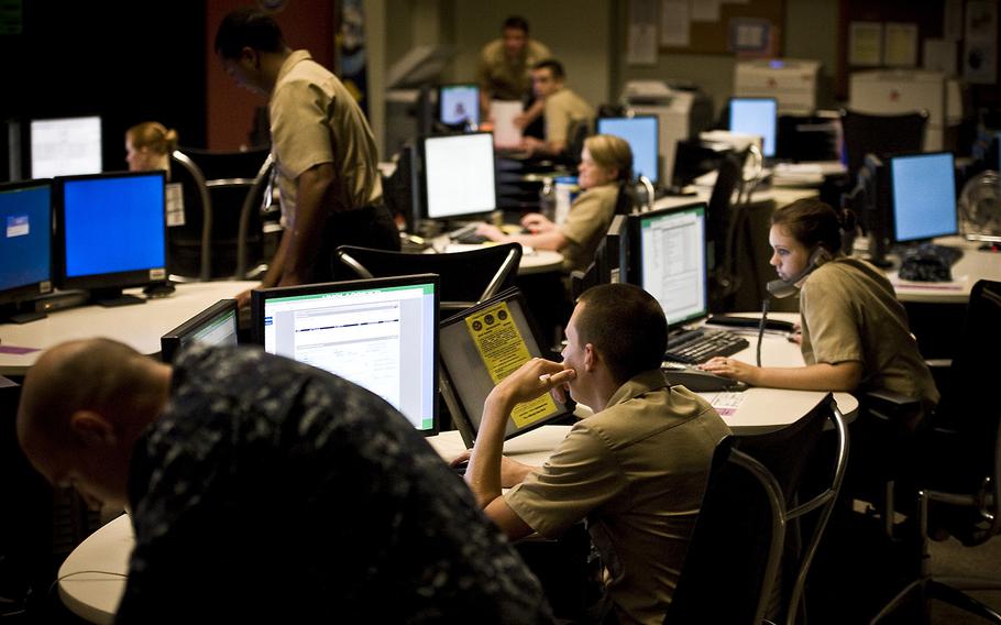 U.S. sailors assigned to Navy Cyber Defense Operations Command man their stations at Joint Expeditionary Base Little Creek-Fort Story, Va., Aug. 4, 2010. Over the past year, defense secretaries Leon Panetta and Chuck Hagel have considered pulling U.S. Cyber Command out from under U.S. Strategic Command and making it a unified combatant command, on par with the six regional combatant commands, as well as functional unified commands established to oversee special operations, nuclear deterrence operations and global transportation.