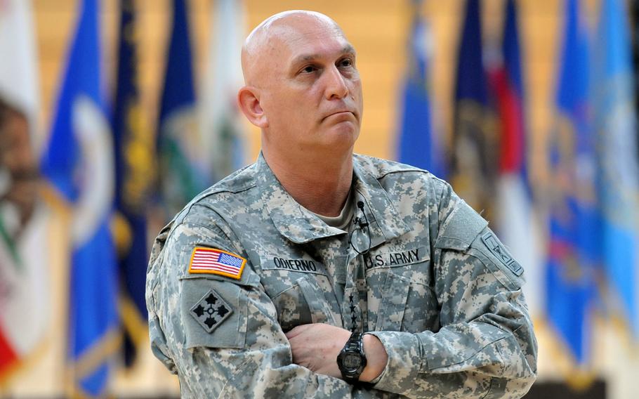 U.S. Army Chief of Staff Gen. Raymond Odierno listens to a question during a town hall meeting at Clay Kaserne in Wiesbaden, Germany, April 30, 2013.