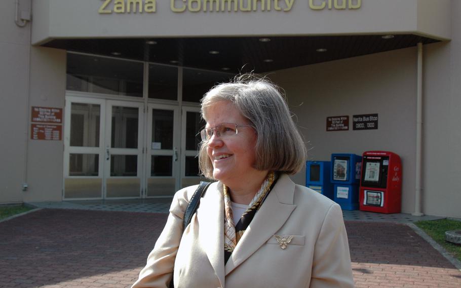 Holly Petraeus leaves the Zama Community Club after talking to soldiers about financial readiness on Wednesday.