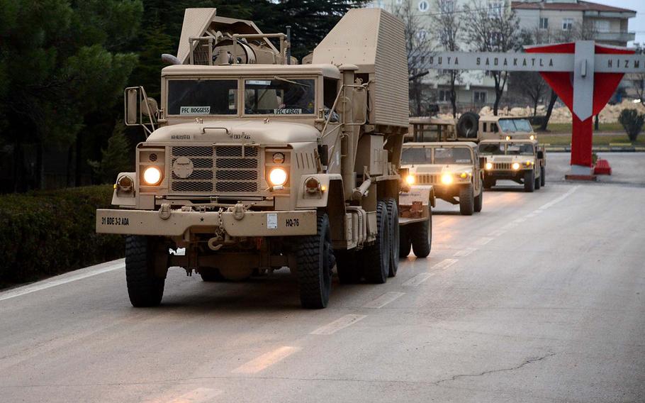 An American Patriot missile battery rolls onto a Turkish army base in Gaziantep in January. NATO deployed six Patriot anti-missile batteries to Turkey's border with Syria as part of an effort to shield its ally from potential strikes from Syria.