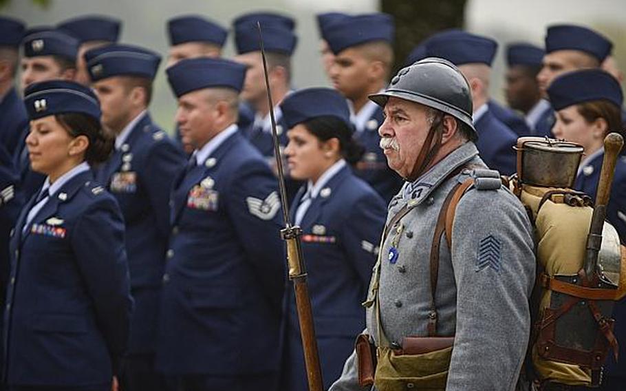 A French veteran wears a World War I era uniform Sunday morning at an American Memorial Day ceremony at the Meuse-Argonne American Cemetery and Memorial in France. Joshua L. DeMotts/Stars and Stripes
