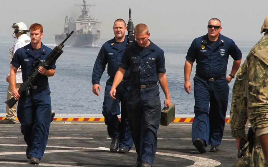 The security team on the USS Ponce stands down after reports of Iranian fast boats in the vicinity of U.S. warships May 16th. The USS Ponce was participating in an international mine countermeasures exercise in the Persian Gulf involving 41 nations.