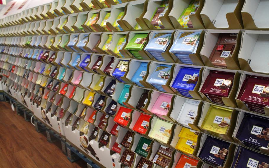 Chocolate squares galore line a wall of Ritter Sport's chocolate shop at its museum in Waldenbuch, Germany, near Stuttgart.