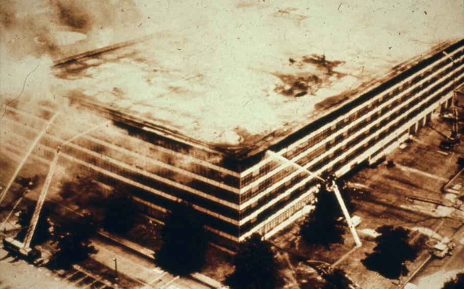 This aerial photo of the fire provides some idea about the size of the records center, which was almost three football fields in length.