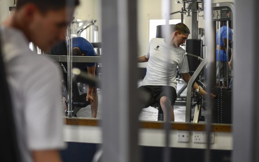 Airman 1st Class Bernabe Tucker, with the 755th Expeditionary Security Forces Squadron currently deployed to Bagram Airfield, works out as he recovers from surgery to repair a hernia at the 379th Expeditionary Medical Group's Intra-Theater Care Program, operated at an undisclosed location in South West Asia, on Wednesday, Sept. 11, 2013.