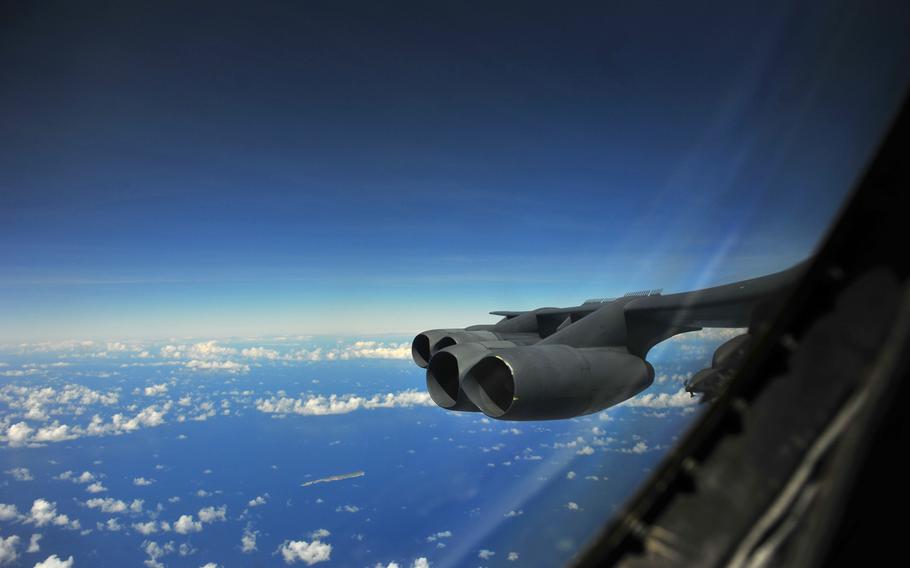 An U.S. Air Force B-52 Stratofortress bomber flies over the Northern Mariana Islands on Feb. 7, 2013, during exercise Cope North 2013. The U.S. military -- in particular the Navy and Marine Corps -- are looking into expanding training opportunities in the region.