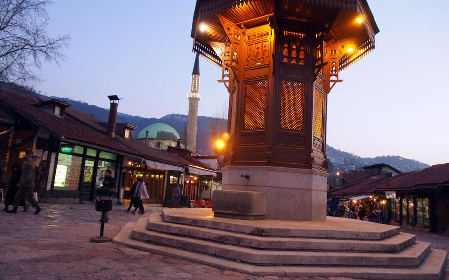The fountain in Sarajevo's Bascarsije, or Old Town, where skiers will find ancient buildings, winding lanes full of artisans, and cozy coffee shops. Sarajevo is less than an hour from Bosnia-Herzegovina's best skiing.
