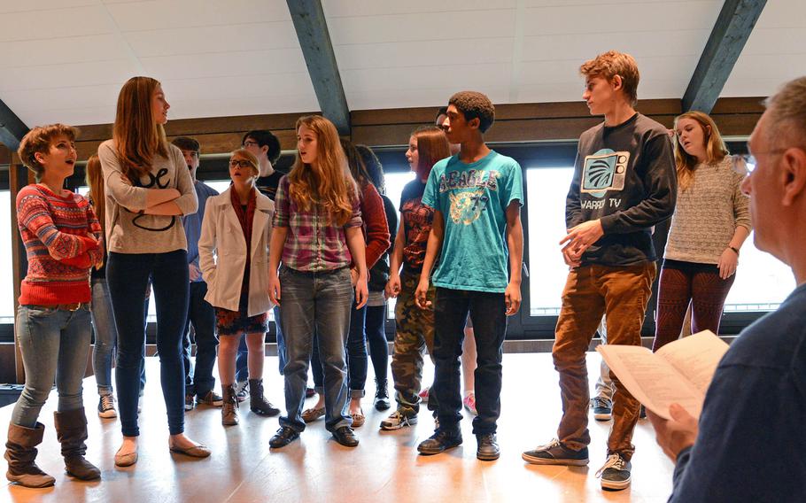 The drama workshop under the direction of Christopher Harbach, right, rehearses "Rabbit" by David Foxton at this year's Creative Connections. More than 160 students from DODDS-Europe high schools participated in this year's event that features 11 workshops in the visual and performing arts.