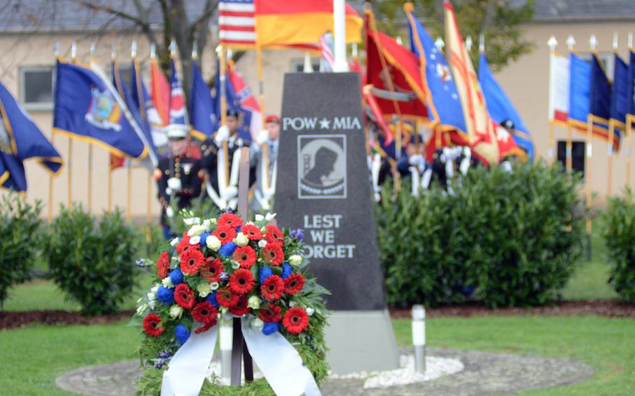 A wreath decorates the POW/MIA memorial on Clay Kaserne in Wiesbaden, Germany, on Thursday, Nov. 7, 2013. Members of U.S. Army Garrison Wiesbaden gathered to honor veterans past and present as the Veterans Day holiday weekend approached.