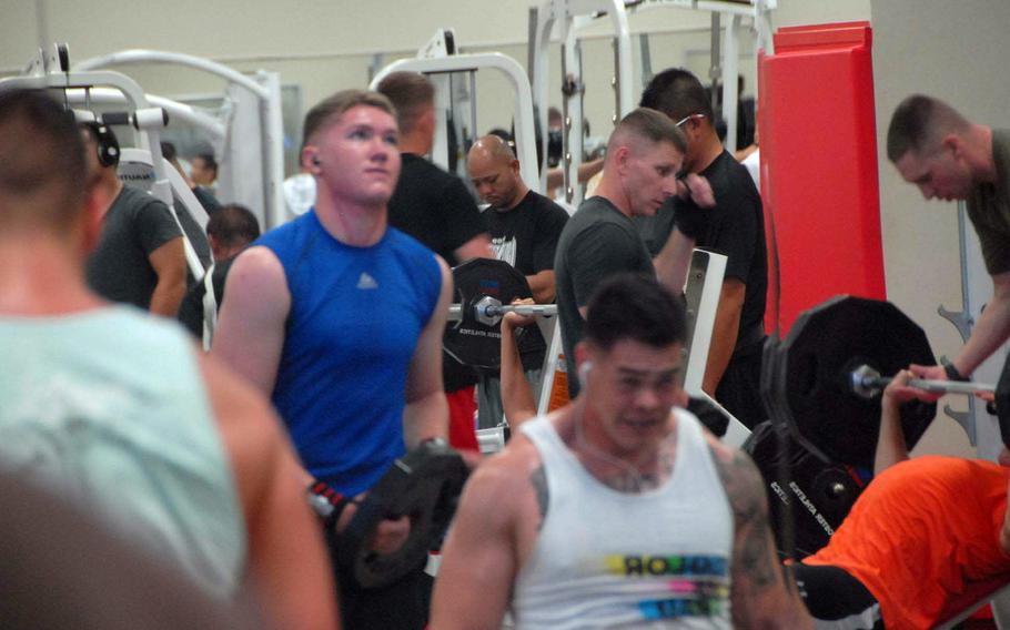 Patrons work out at Gunner's Gym, a Marine Corps facility at Camp Foster on Okinawa on Nov. 5, 2013. The gym sold the supplement Craze until sales were restricted by the service in October after reports that it contained an amphetamine-like substance.