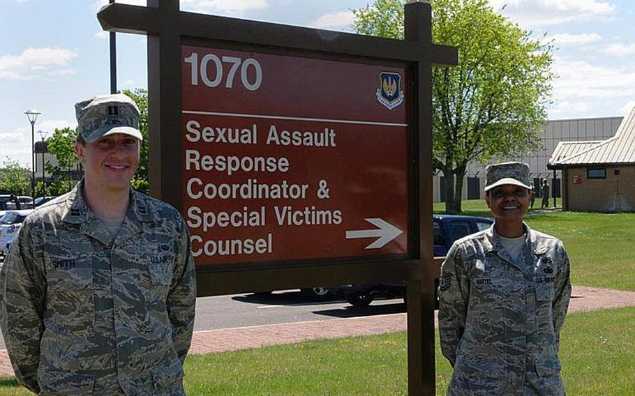 36p cs
Courtesy U.S. Air Force
In this photo taken from the program???s Facebook page, Capt. Micah Smith and Tech. Sgt. Tiana Martel stand outside the Special Victims??? Counsel office at RAF Lakenheath, England.